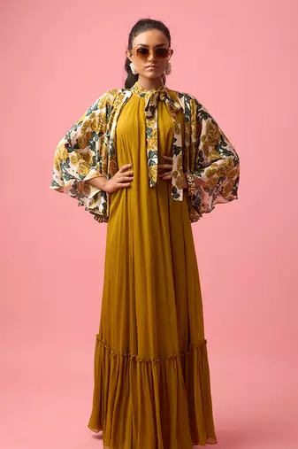 Mustard silk satin plain long dreess