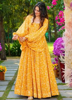 Yellow printed georgette gown 2