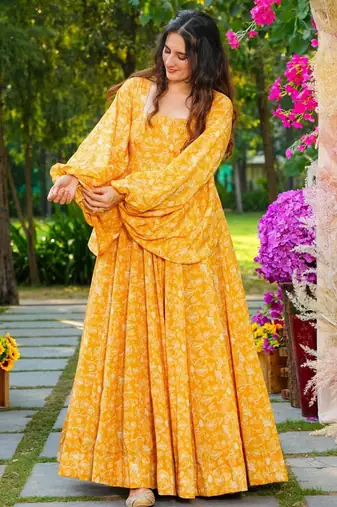 Yellow printed georgette gown