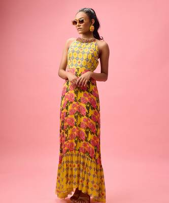 Yellow rayon cotton floral printed long dreess 1