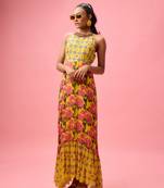 Yellow rayon cotton floral printed long dreess