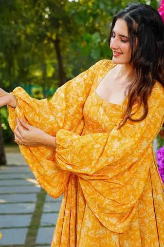 Yellow printed georgette gown