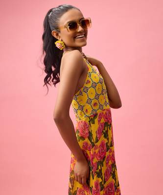 Yellow rayon cotton floral printed long dreess 2