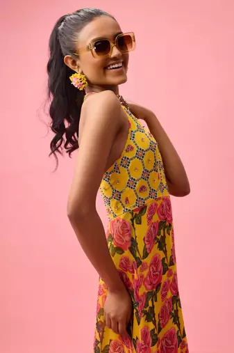 Yellow rayon cotton floral printed long dreess