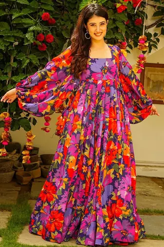 Multicolor printed georgette gown