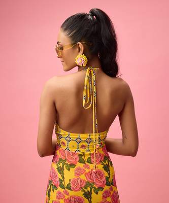Yellow rayon cotton floral printed long dreess 3