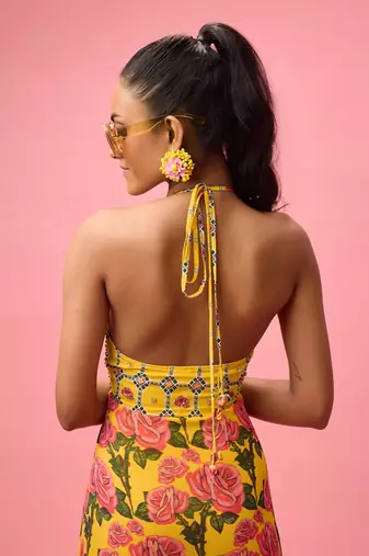 Yellow rayon cotton floral printed long dreess