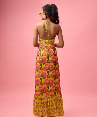 Yellow rayon cotton floral printed long dreess 4