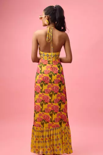 Yellow rayon cotton floral printed long dreess