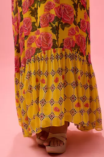 Yellow rayon cotton floral printed long dreess