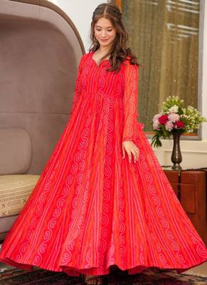 Red printed georgette gown 1