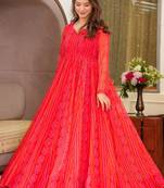 Red printed georgette gown