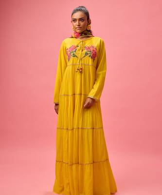 Yellow cotton floral embroidered kalidar paired with dupatta and churidar 1
