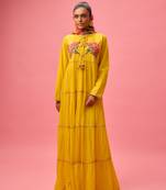 Yellow cotton floral embroidered kalidar paired with dupatta and churidar