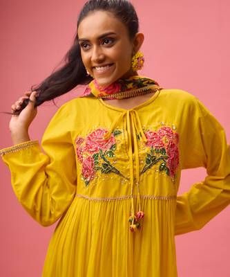Yellow cotton floral embroidered kalidar paired with dupatta and churidar 2