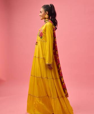Yellow cotton floral embroidered kalidar paired with dupatta and churidar 3