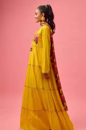 Yellow cotton floral embroidered kalidar paired with dupatta and churidar