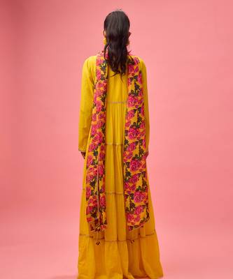 Yellow cotton floral embroidered kalidar paired with dupatta and churidar 4