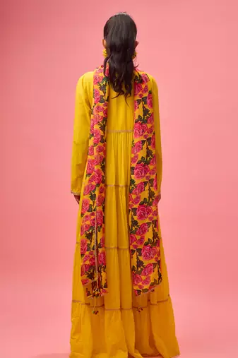 Yellow cotton floral embroidered kalidar paired with dupatta and churidar