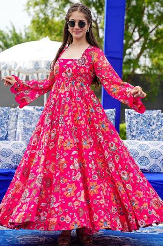 Pink printed georgette gown