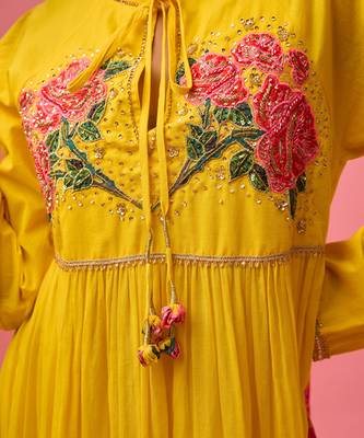 Yellow cotton floral embroidered kalidar paired with dupatta and churidar 5