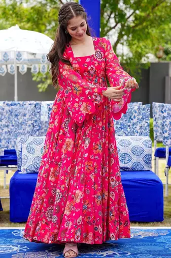 Pink printed georgette gown
