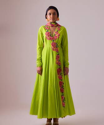 Lime cotton floral embroidered kalidar paired with dupatta and churidar 1