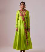 Lime cotton floral embroidered kalidar paired with dupatta and churidar
