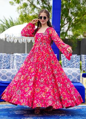 Pink printed georgette gown 3