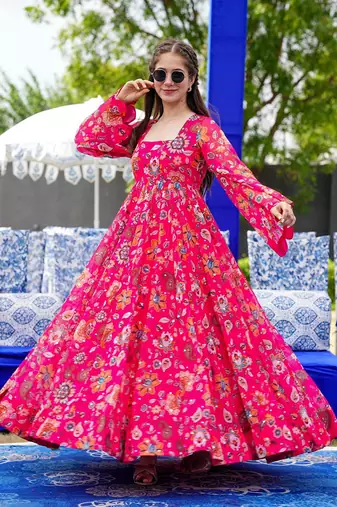 Pink printed georgette gown