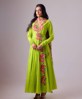 Lime cotton floral embroidered kalidar paired with dupatta and churidar 2