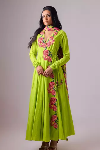 Lime cotton floral embroidered kalidar paired with dupatta and churidar