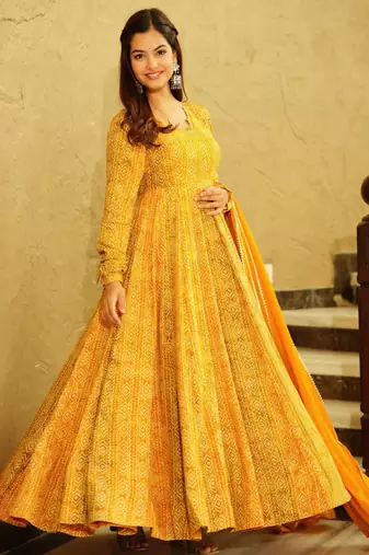 Yellow printed georgette gown