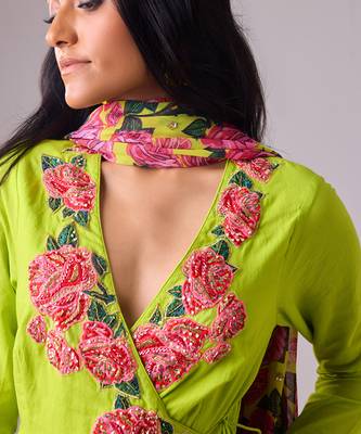 Lime cotton floral embroidered kalidar paired with dupatta and churidar 3