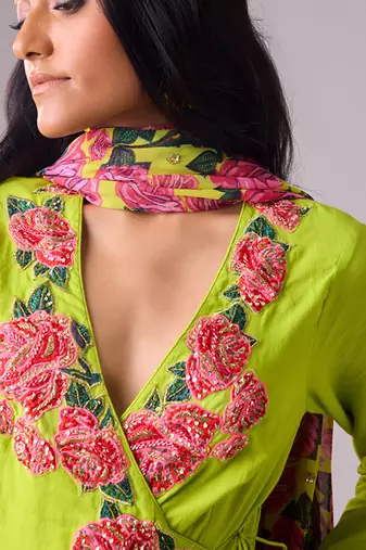 Lime cotton floral embroidered kalidar paired with dupatta and churidar