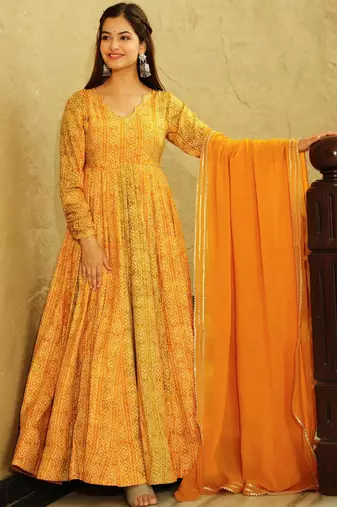 Yellow printed georgette gown