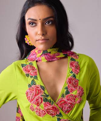 Lime cotton floral embroidered kalidar paired with dupatta and churidar 4