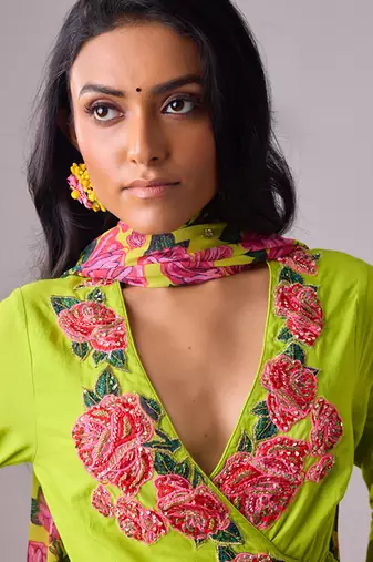 Lime cotton floral embroidered kalidar paired with dupatta and churidar