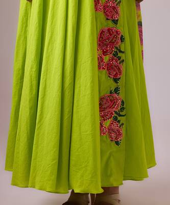 Lime cotton floral embroidered kalidar paired with dupatta and churidar 5
