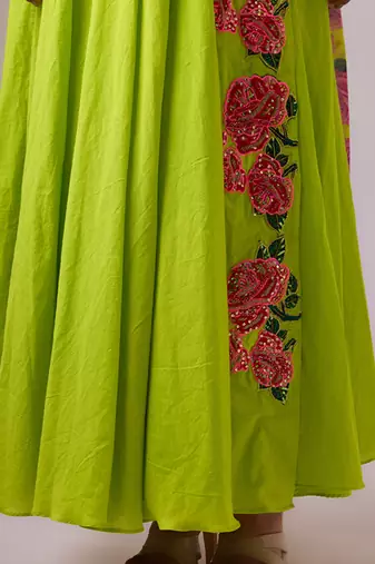 Lime cotton floral embroidered kalidar paired with dupatta and churidar