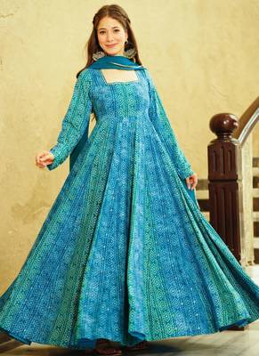 Sky blue printed georgette gown 2