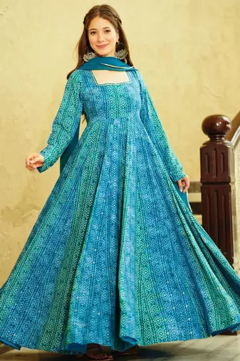 Sky blue printed georgette gown