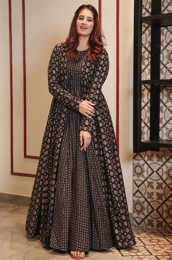 Black digital print muslin gown