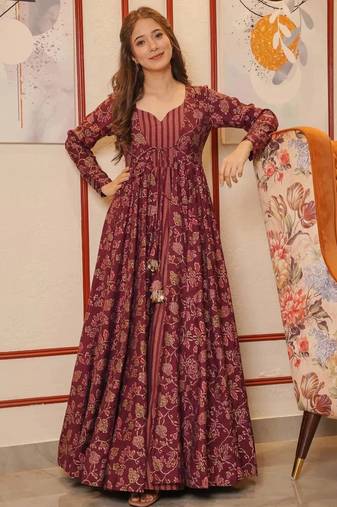 Maroon digital print muslin gown