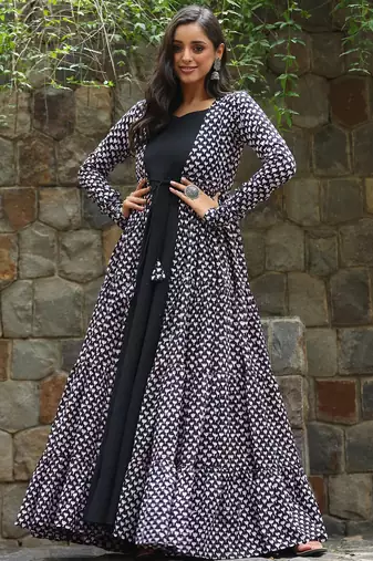 Black digital print muslin gown