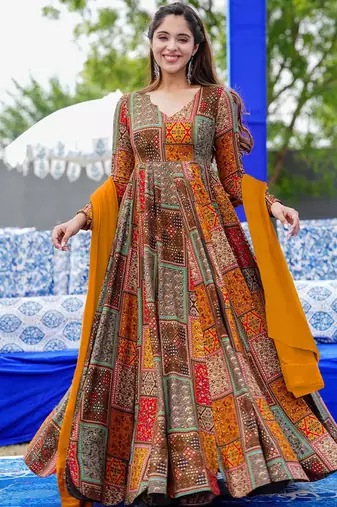 Multicolor printed rayon anarkali suits
