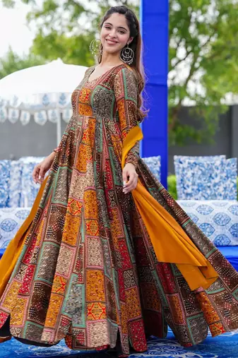 Multicolor printed rayon anarkali suits