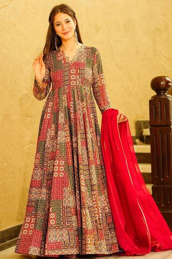 Multicolor printed rayon anarkali suits
