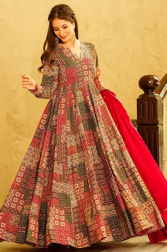 Multicolor printed rayon anarkali suits