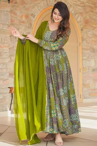 Green printed rayon anarkali suits
